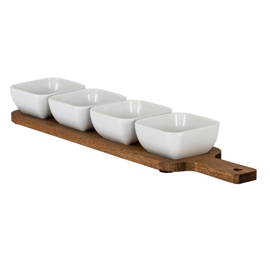 Acacia Serving Board including Four Ceramic Serving Bowls