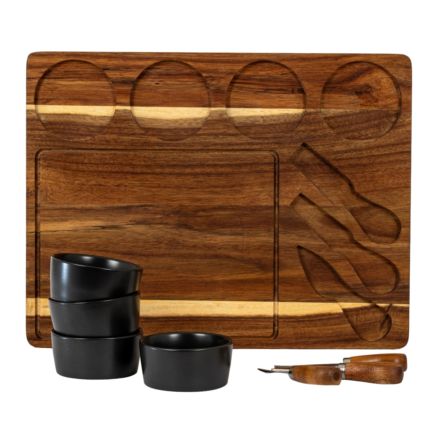 Acacia Cheese Board Set With Grey Ceramic Bowls and Cutlery